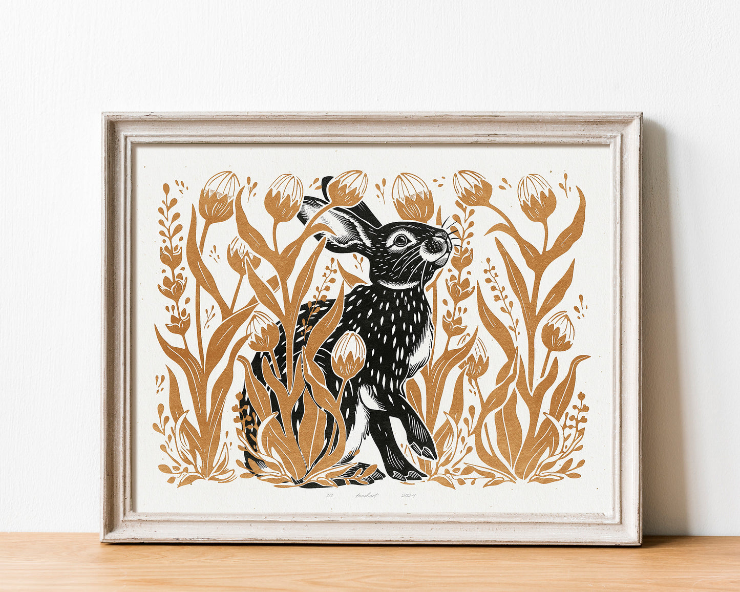 Printable linocut prints Bunny with wildflower and plant wall art Ochre black Relief texture Cottagecore decor Digital downloadable poster Hare rabbit Instant download Tulips floral flower Easter Bedroom Living room Kids Children Kitchen decor Foraged New home firs gift Housewarming wall art