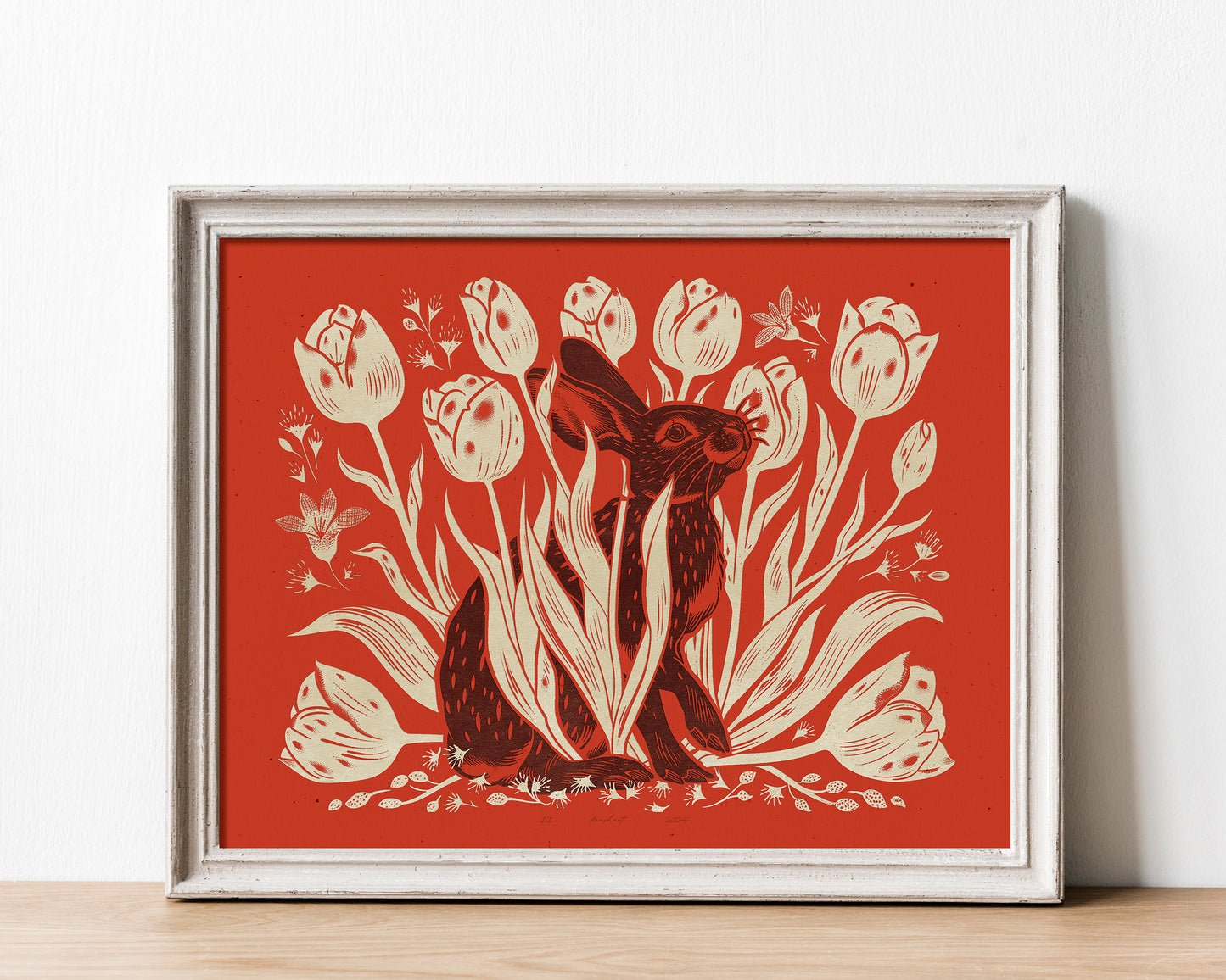 Living room wall art Nature lover gift Printable linocut Cottagecore decor Digital downloadable linogravure lino Bedroom kids rooom House warming gift prints Bunny tulips plant Red brown beige relief texture vintage farm kitchen hare foraged poster