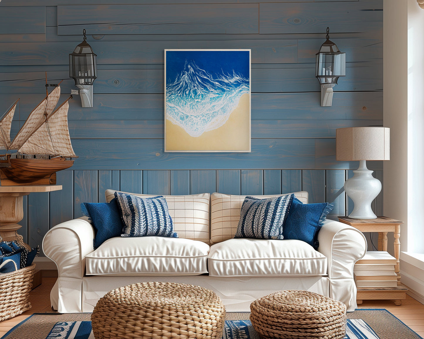 Large linocut print Blue waves on sand relief Printmaking Original artwork for Nautical bedroom living room wall art decor First home gift