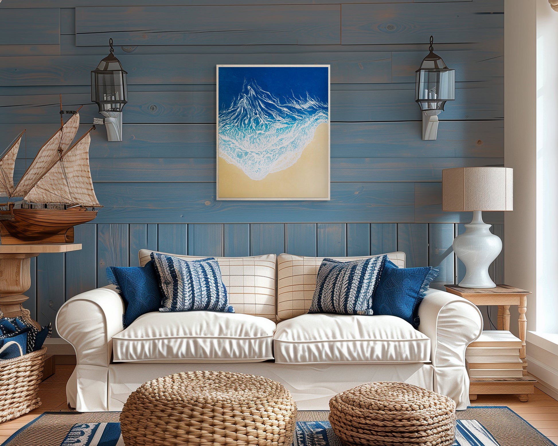Large linocut print Blue waves on sand relief Printmaking Original artwork for Nautical bedroom living room wall art decor First home gift