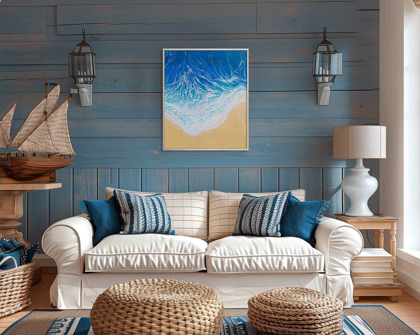 Original artwork	Lino linogravure	Large linocut print	Blue waves sand	relief Printmaking	Nautical bedroom	living room wall art	block ocean decor	First home gift	water linoleum art	Bathroom coastal	Modern beach new	Sea wall accessories
