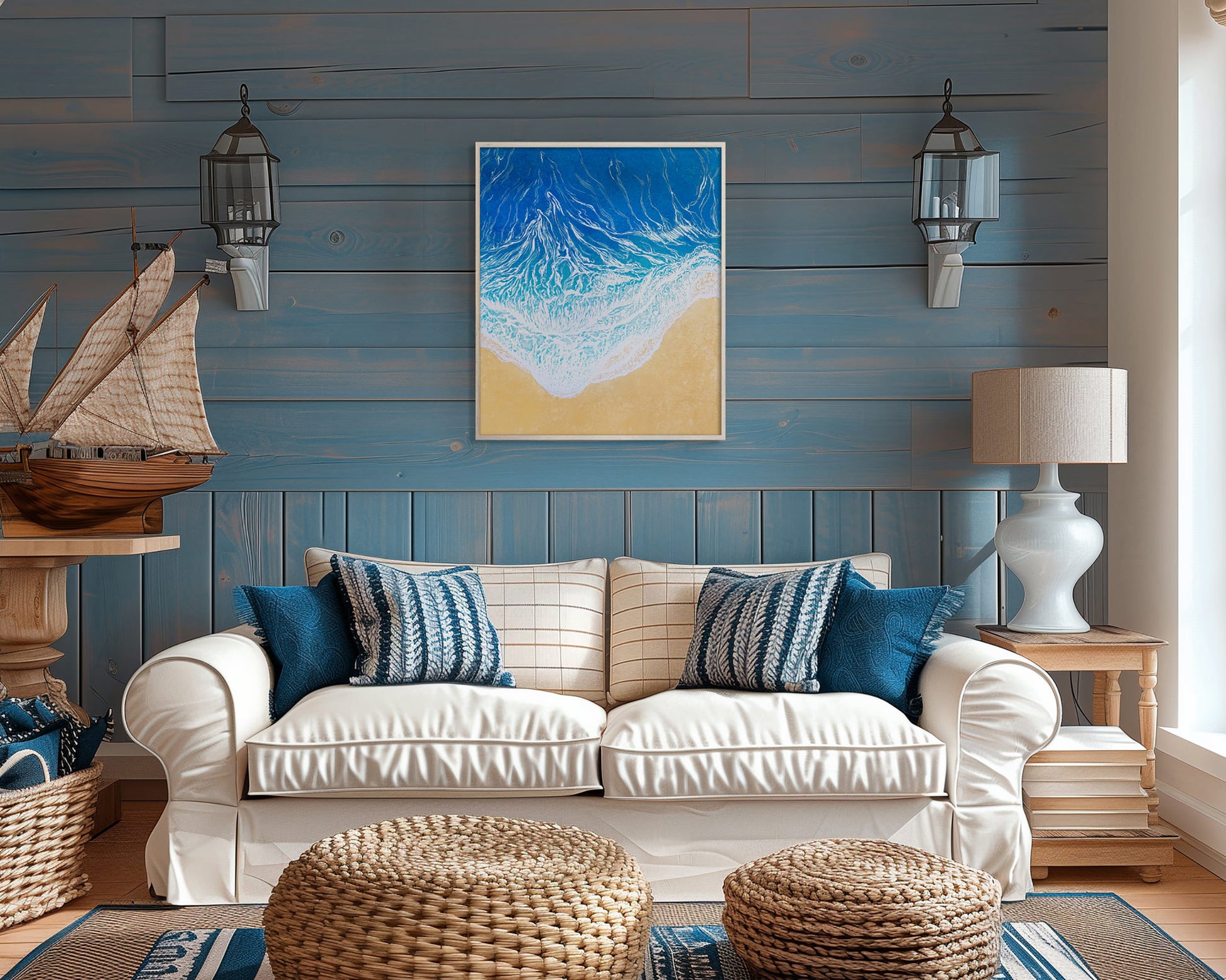 Original artwork	Lino linogravure	Large linocut print	Blue waves sand	relief Printmaking	Nautical bedroom	living room wall art	block ocean decor	First home gift	water linoleum art	Bathroom coastal	Modern beach new	Sea wall accessories