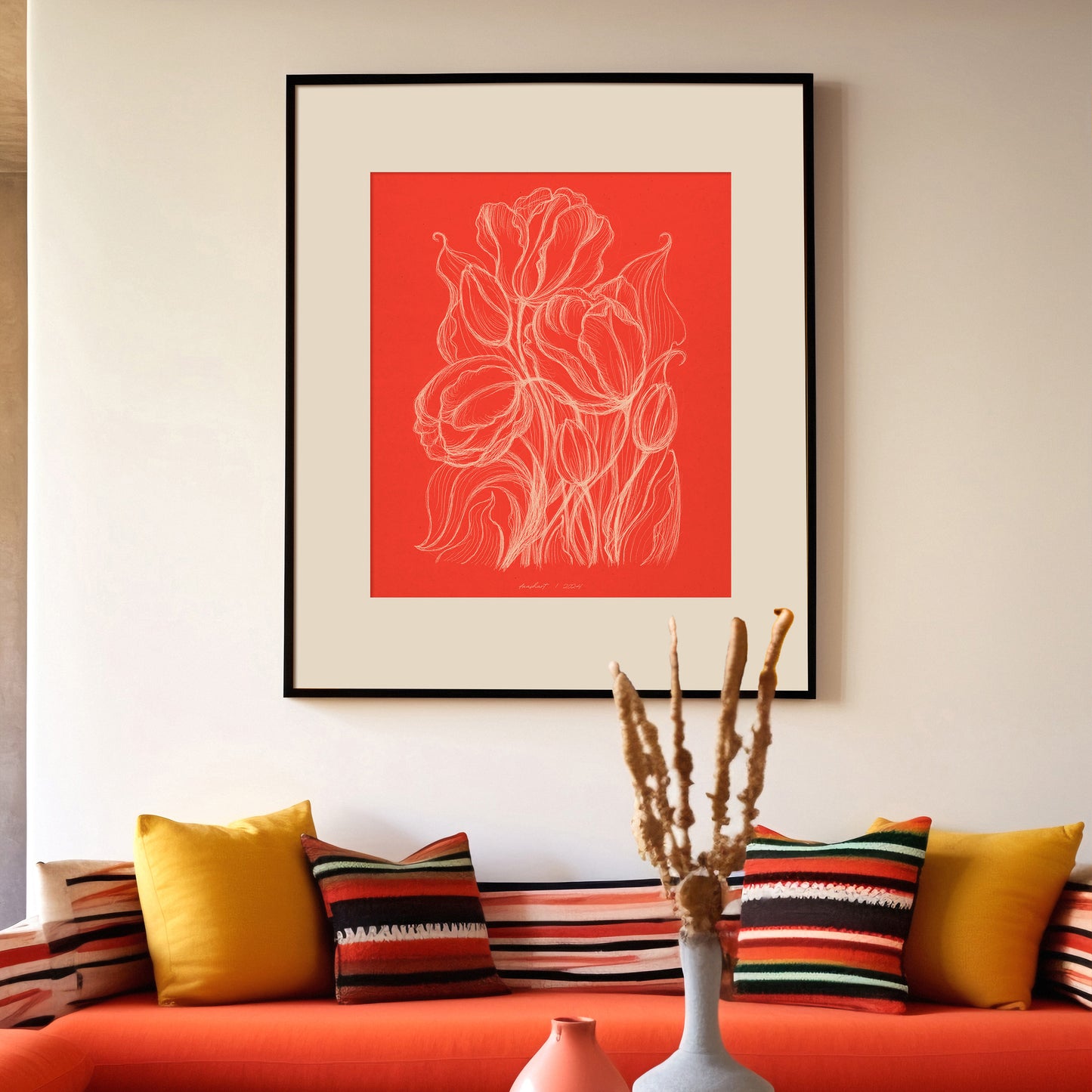 Spring trendy bright red wall art Hand drawn tulips flower sketch Line floral large botanical poster Printable neutral prints Bedroom kitchen living room dining roomdecor