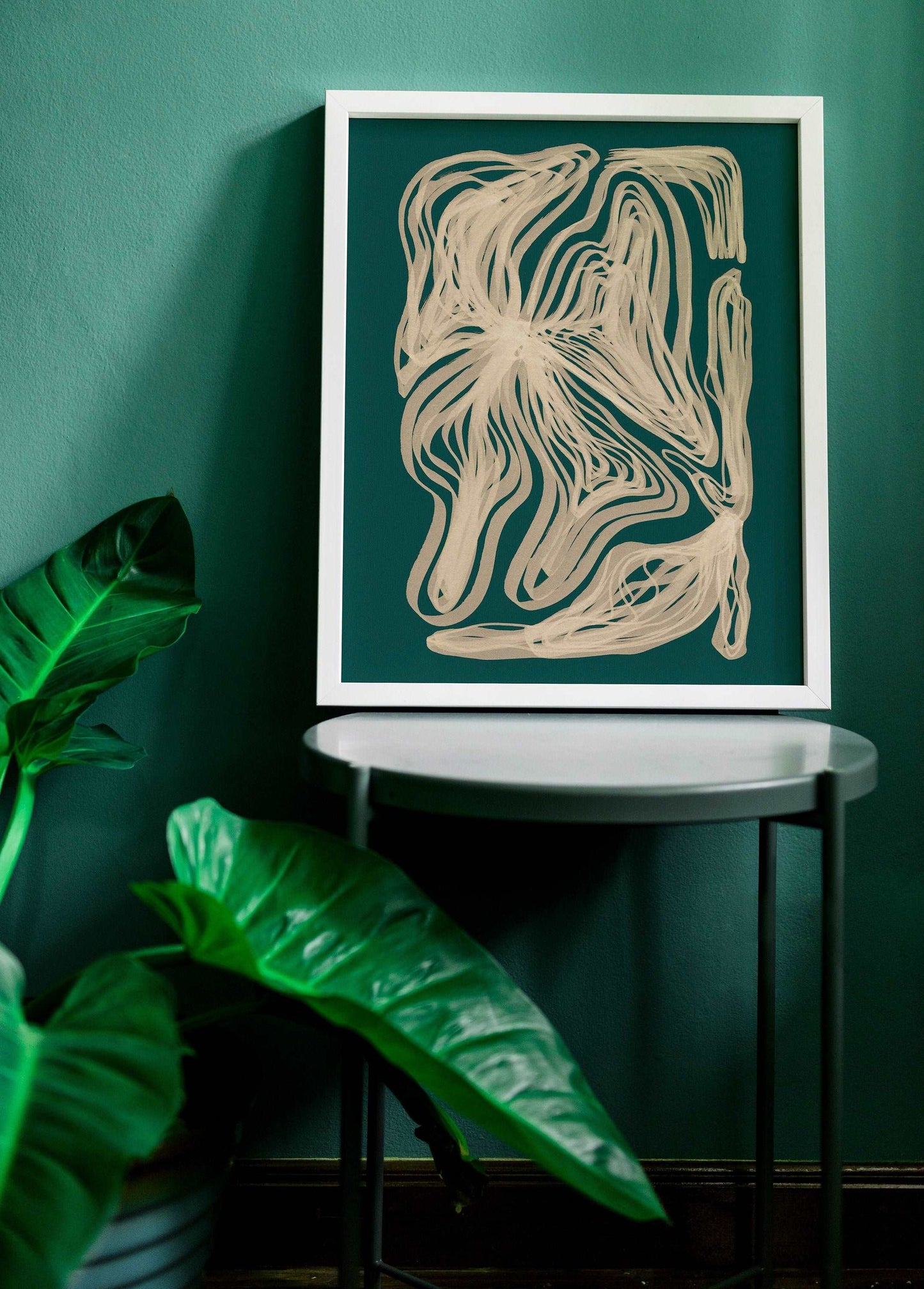 Abstract lines flower art Trendy emerald green / Printable wall art for modern living room and bedroom decor INSTANT DOWNLOAD