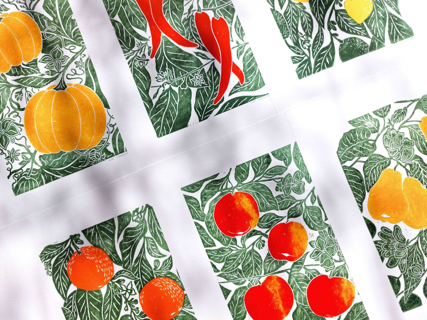 Set of 6 linocut prints with fruits for kitchen gallery wall