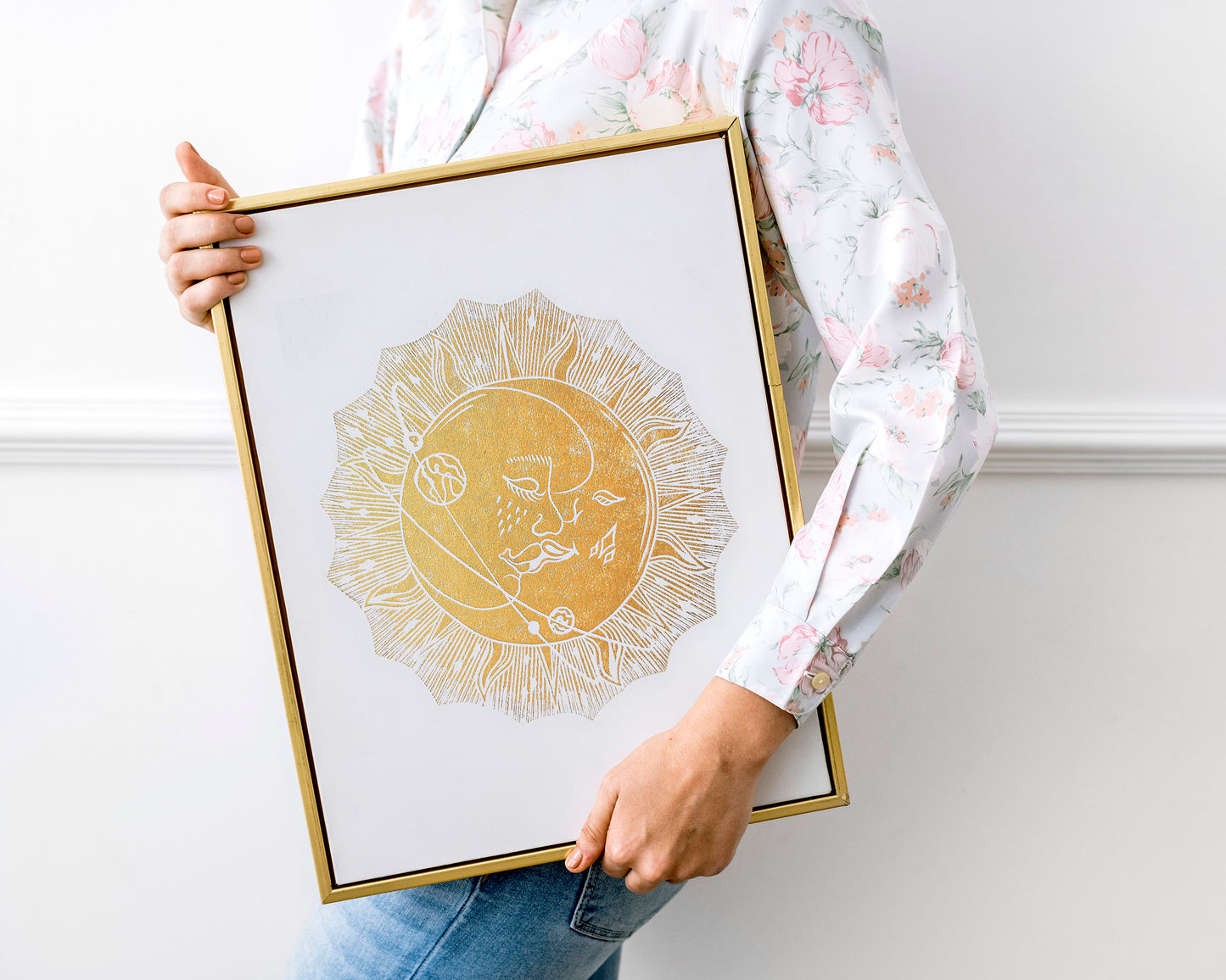 Linocut print original artwork Living room Kisses Printmaking simple Linogravure lino Boho gold moon sun kiss Printmaking relief wall art Bedroom valentines home decor block New first home gift girlfriend boyfriend wife bestfriend black and white