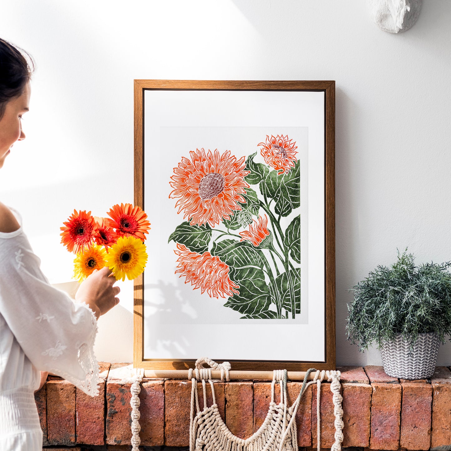 Orange and green sunflowers Linocut print for Nature lover gift UNFRAMED Housewarming gift Nature lover gift New home gift Kitchen wall decor Living room bedroom decor 12x16 Original artwork