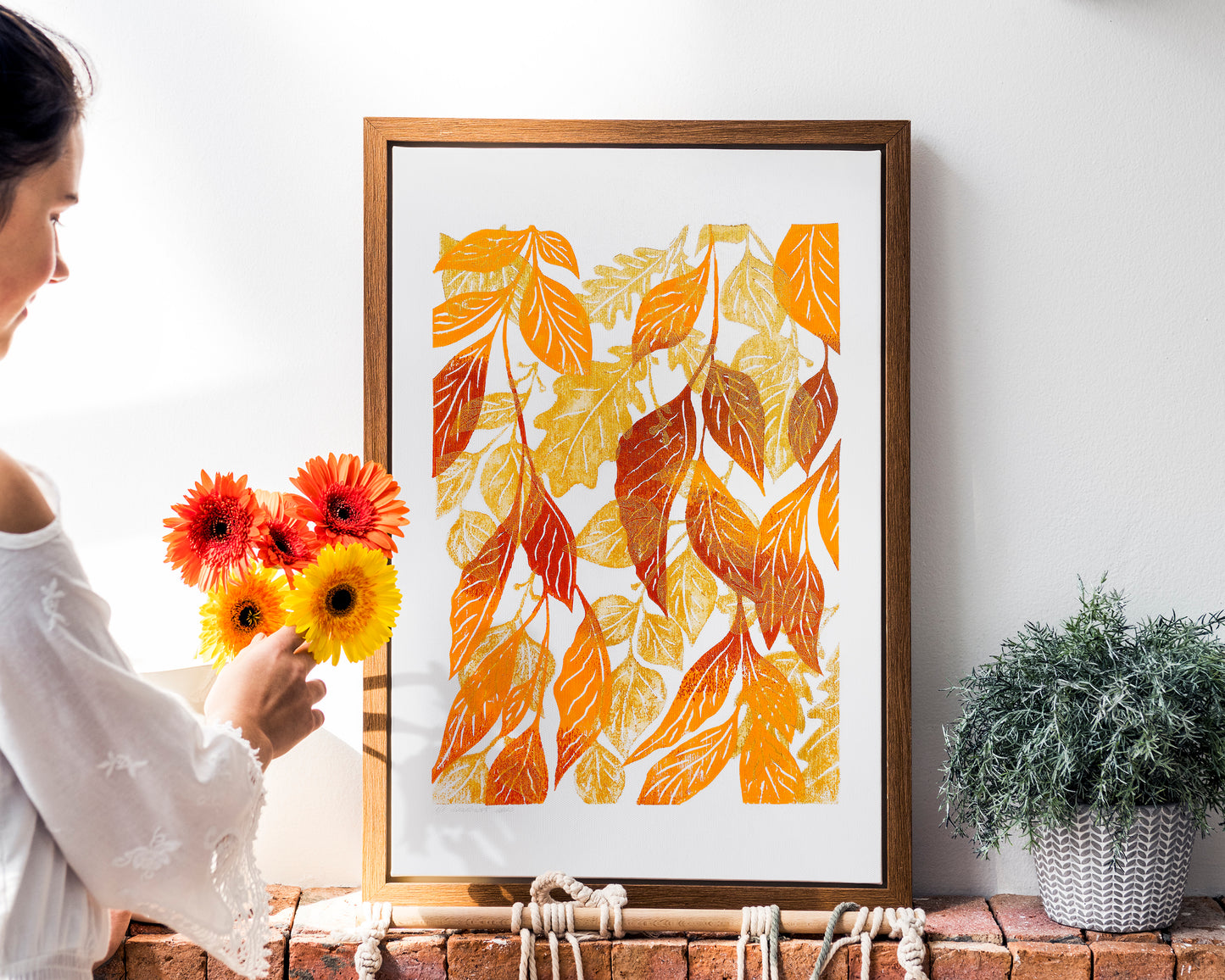 Warm tones autumn foraged leaves Printable linocut wall art for bedroom or living room decor, Seasonal decorations, Fall poster, instant download, digital poster, cottagecore wall art, Nature lover gift, Leaf wall poster, Gold orange brown relief print, oil texture