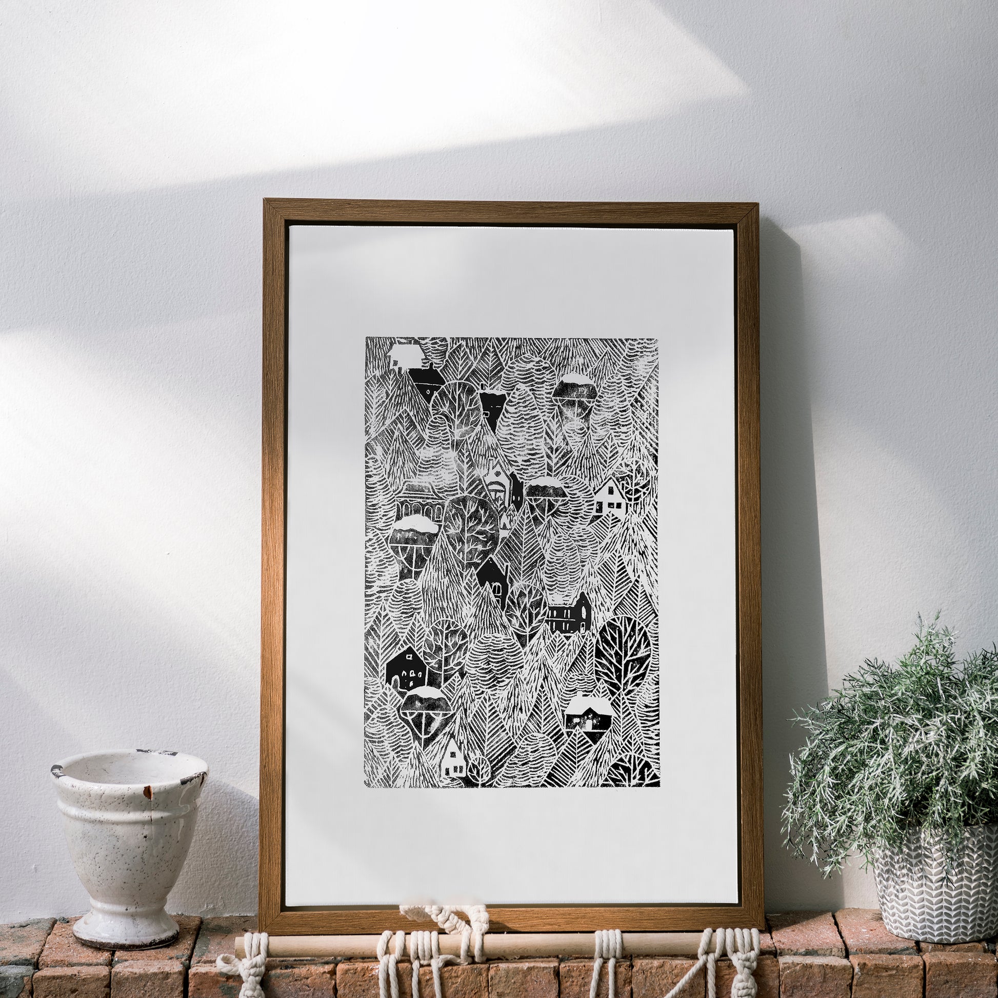 Black autumn forest with houses Linocut print 12x16in for Nature lover gift UNFRAMED / printmaking art, original artwork, lino print, linogravure, block print, relief print, handmade art, bedroom wall art, living room decor, nursery wall art
