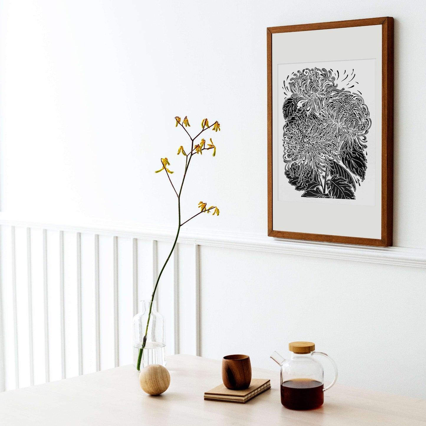 Black japanese chrysanthemum flower Linocut print for Nature lover gift UNFRAMED for modern kitchen or bedroom wall decor