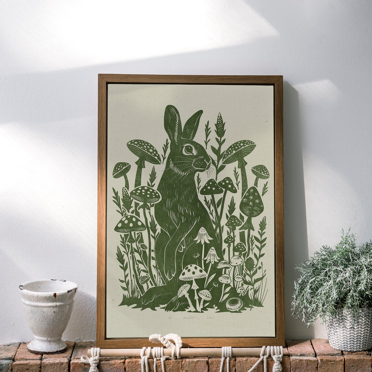 Printable linocut prints Sage green rabbit with mushroom and plant wall art Relief texture Cottagecore decor Digital downloadable poster Instant download Lino linogravure foraged Living room Bedroom Kitchen Farm Farmhouse Dining room wall art decor Wildflowers floral kids Easter home aesthetic