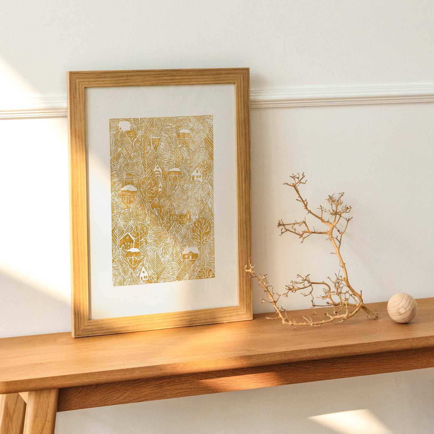 Linocut print Ochre forest with houses Original artwork 12x16 for New home gift and bedroom wall decor UNFRAMED, Linogravure, Living room wall art, Farmhouse wall decor, block print, New home gift, bedroom wall decor, lino print, handmade print art, printmaking