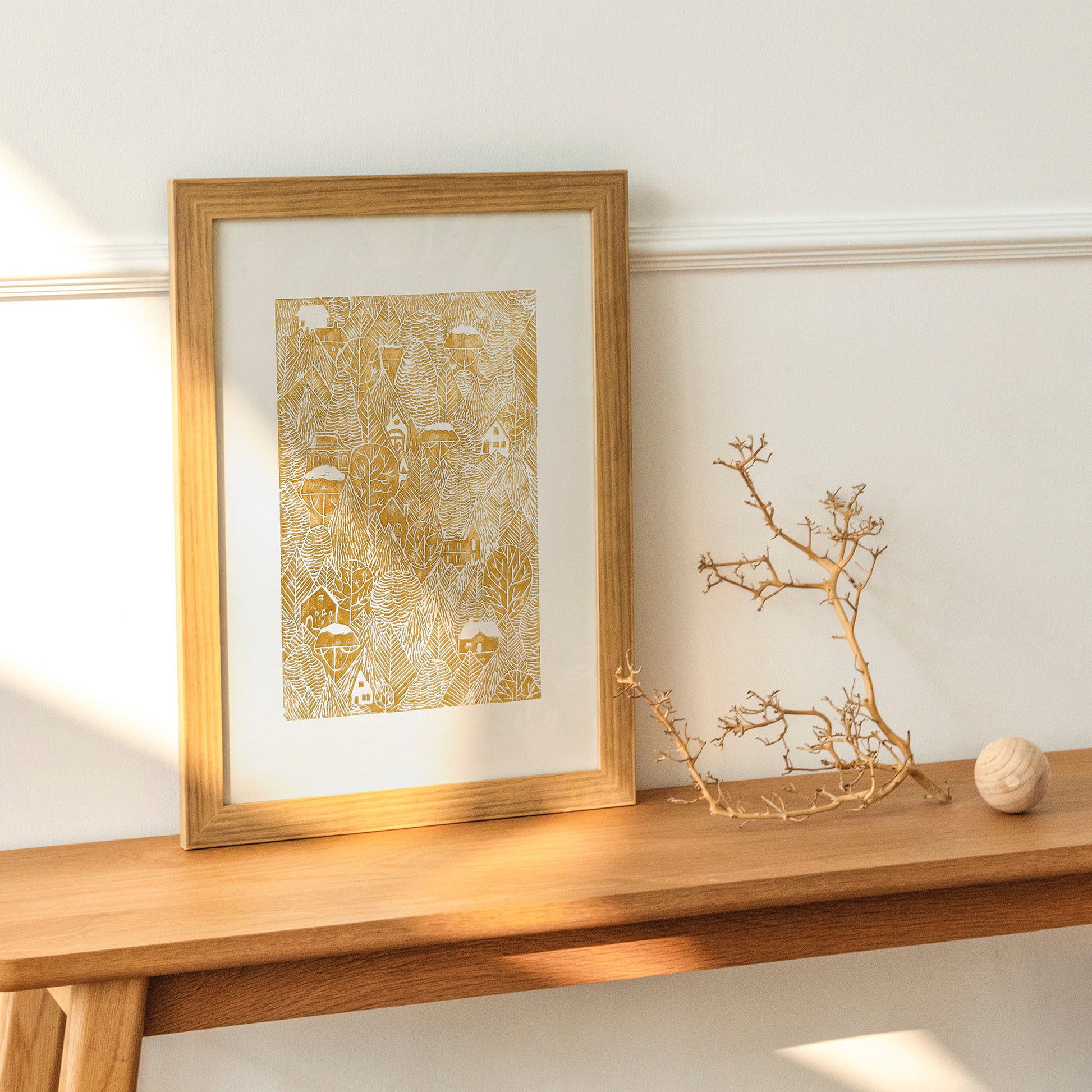 Linocut print Ochre forest with houses Original artwork 12x16 for New home gift and bedroom wall decor UNFRAMED, Linogravure, Living room wall art, Farmhouse wall decor, block print, New home gift, bedroom wall decor, lino print, handmade print art, printmaking