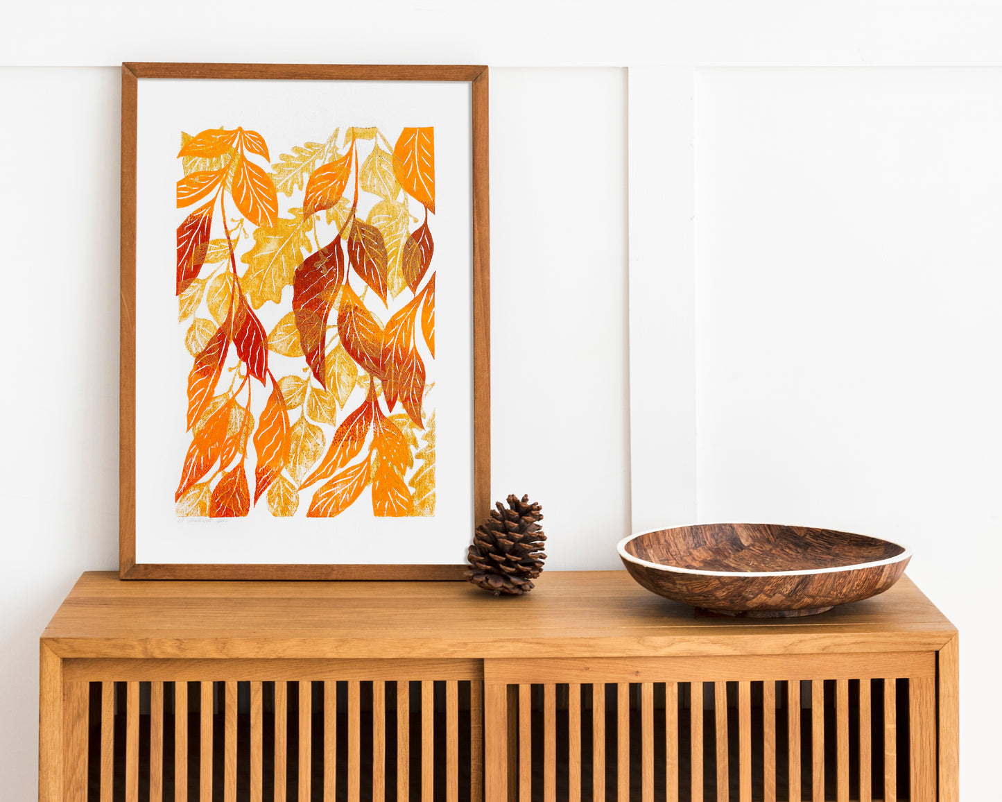 Warm tones autumn foraged leaves Printable linocut wall art for bedroom or living room decor, Seasonal decorations, Fall poster, instant download, digital poster, cottagecore wall art, Nature lover gift, Leaf wall poster, Gold orange brown relief print, oil texture
