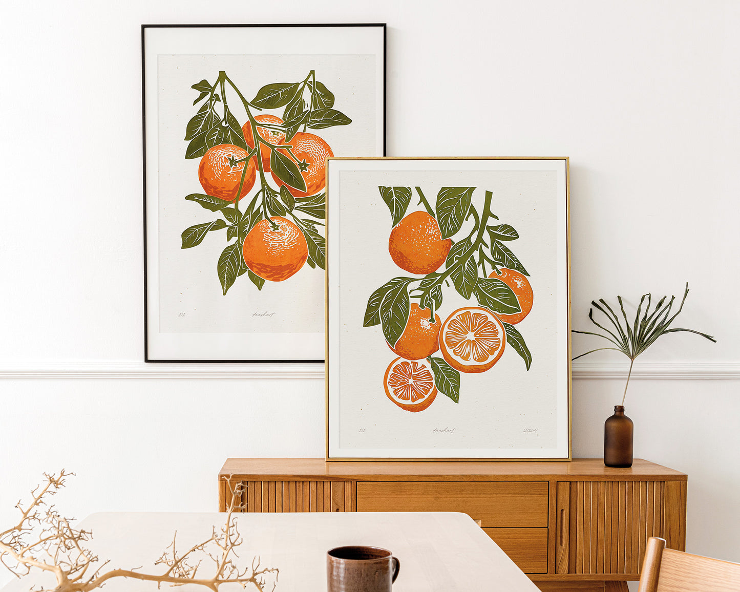 Living room wall art Nature lover gift Printable linocut fruit prints lino Sage green oranges foraged texture Cottagecore decor Digital downloadable kitchen Bedroom Relief vintage print modern branch Gallery wall set of 2 poster large