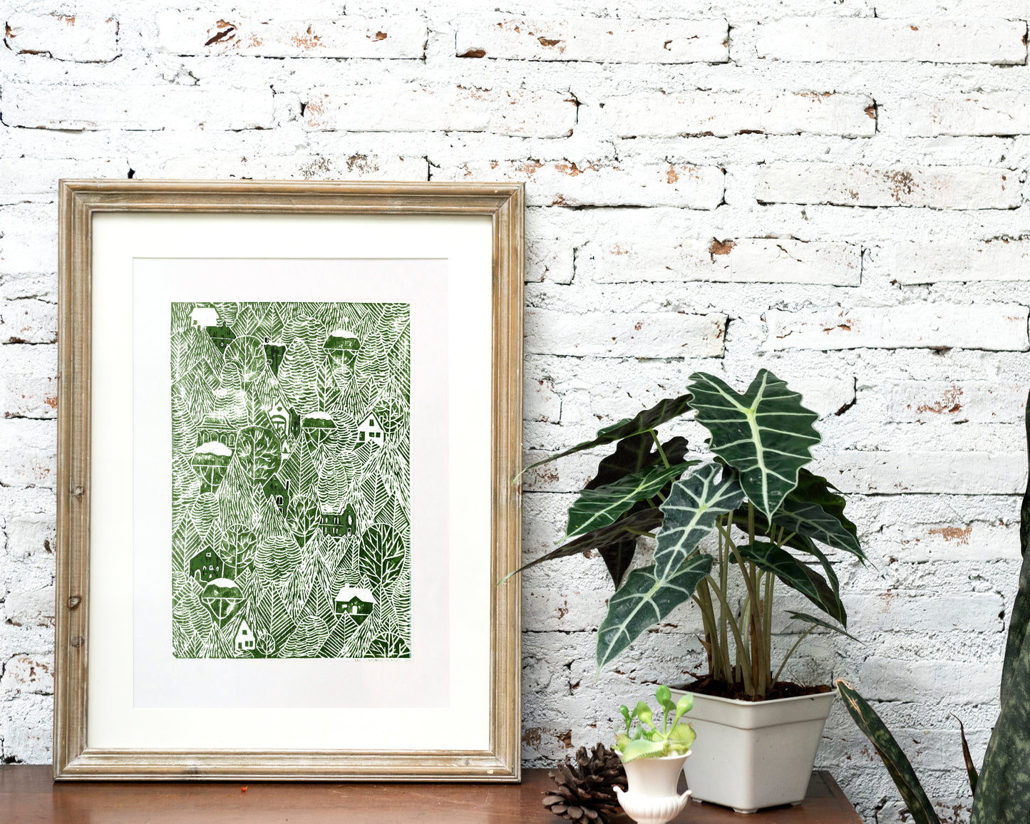 Green autumn forest with houses Linocut print 12x16in for Nature lover gift UNFRAMED / printmaking art, original artwork, lino print, linogravure, block print, relief print, handmade art, bedroom wall art, living room decor, nursery wall art