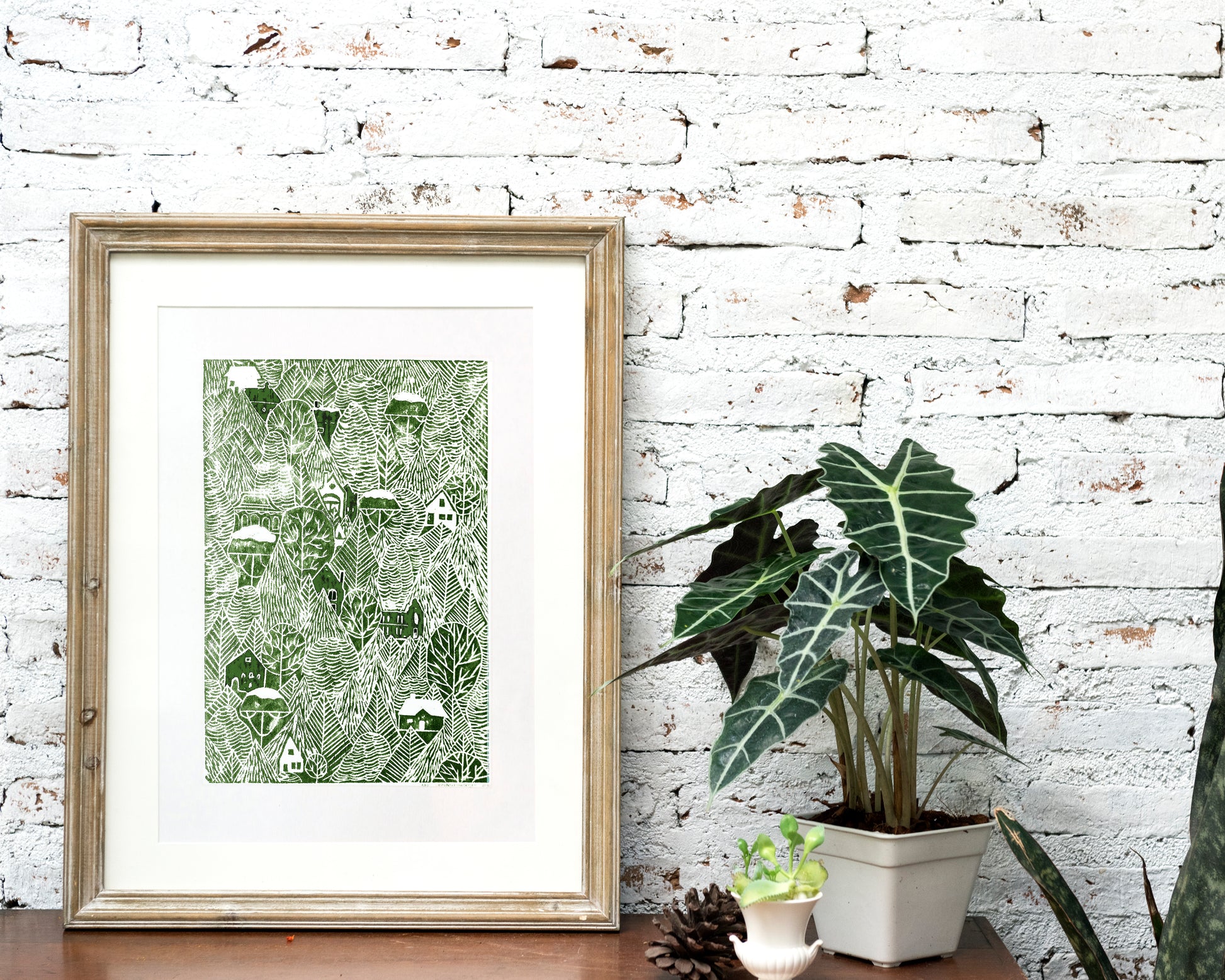 Green autumn forest with houses Linocut print 12x16in for Nature lover gift UNFRAMED / printmaking art, original artwork, lino print, linogravure, block print, relief print, handmade art, bedroom wall art, living room decor, nursery wall art