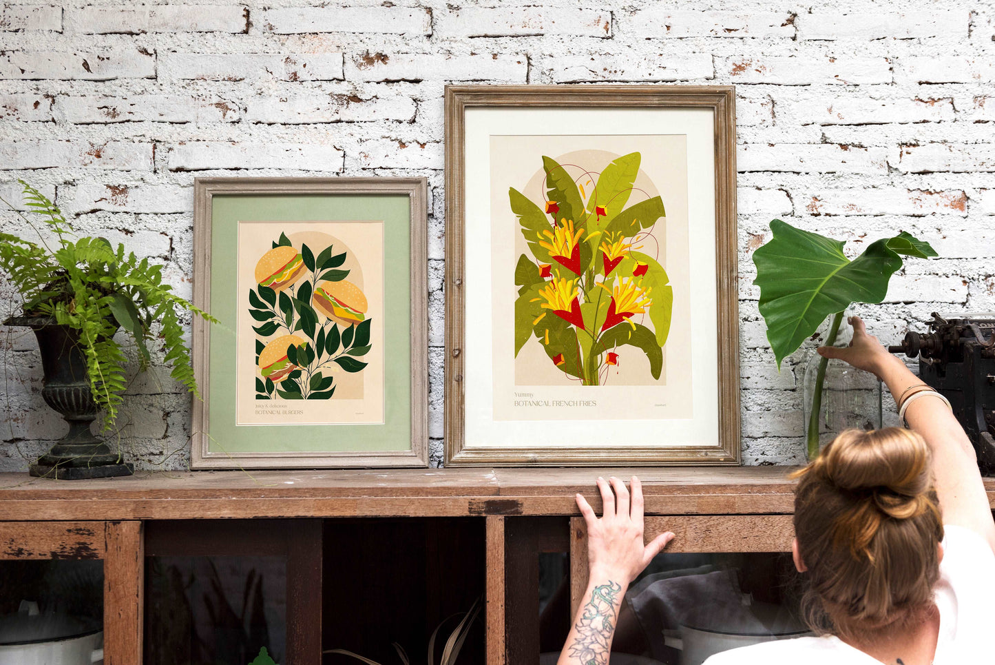 Botanical fast food posters for garden wirh french fries and burgers