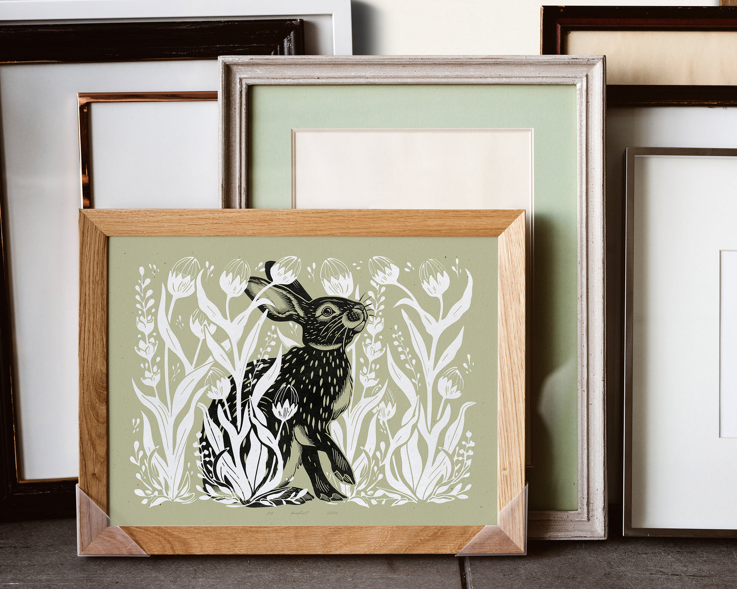 Living room wall art Nature lover gift Printable linocut Cottagecore decor Digital downloadable linogravure lino foraged poster Bedroom kids rooom prints Bunny plant House warming gift farm relief texture wildflower vintage Green rabbit hare