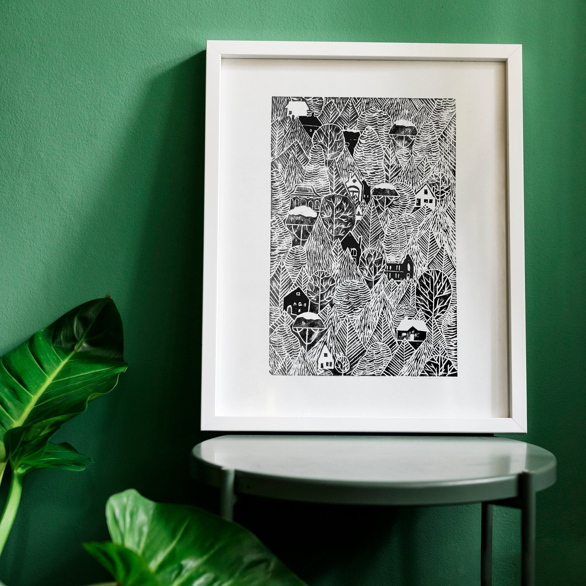 Black autumn forest with houses Linocut print 12x16in for Nature lover gift UNFRAMED / printmaking art, original artwork, lino print, linogravure, block print, relief print, handmade art, bedroom wall art, living room decor, nursery wall art