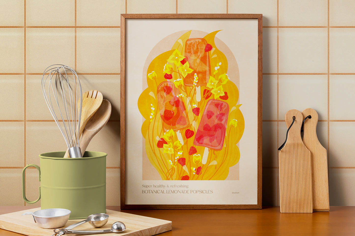 Botanical vintage lemonade popsicles poster Colorful summer for modern kitchen and dining room decor with Pink, red and yellow juicy strawberries, raspberries, and oranges