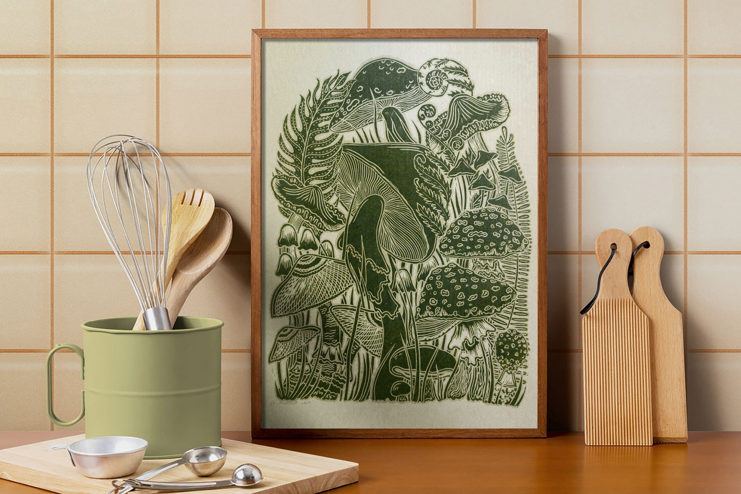 Vintage green paper and green, mushrooms Linocut print for Nature lover gift / farmhouse kitchen wall art UNFRAMED / lino print / linogravure / relief block print / printmaking wall decor