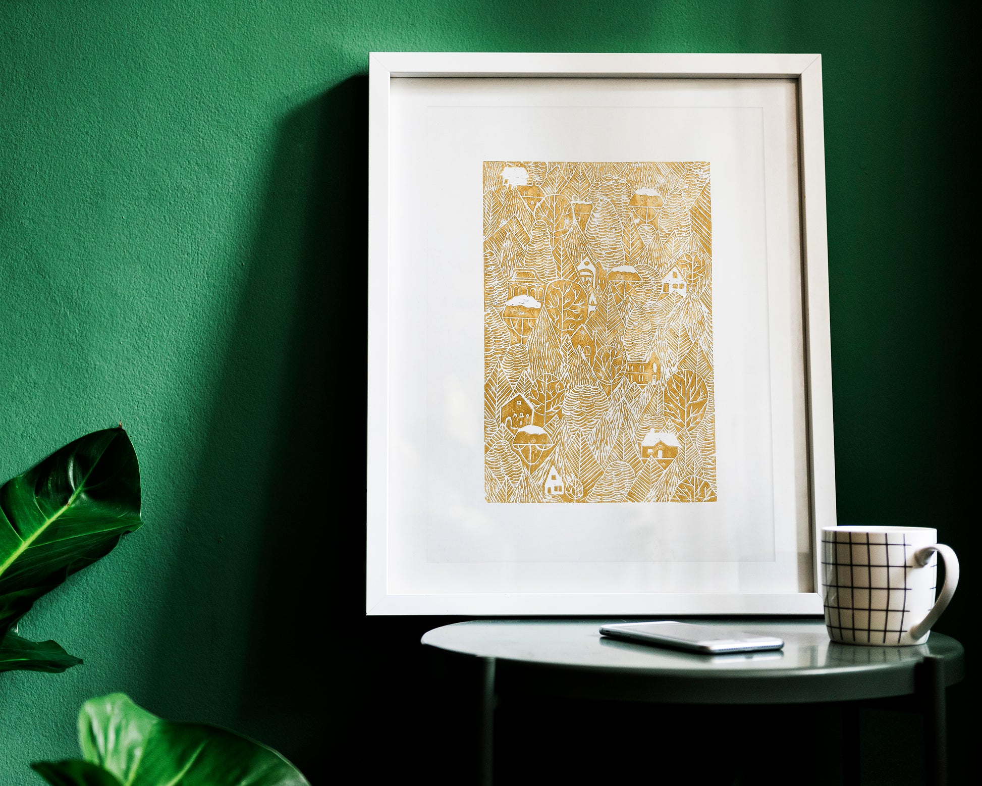 Ochre autumn forest with houses Linocut print 12x16in for Nature lover gift UNFRAMED / printmaking art, original artwork, lino print, linogravure, block print, relief print, handmade art, bedroom wall art, living room decor, nursery wall art