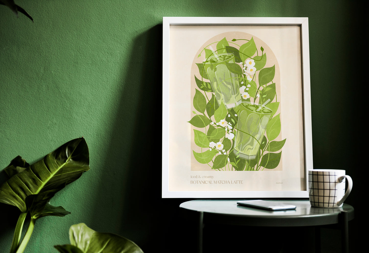Botanical vintage Green or khaki Iced matcha latte poster Summer wall art for modern kitchen and dining room decor