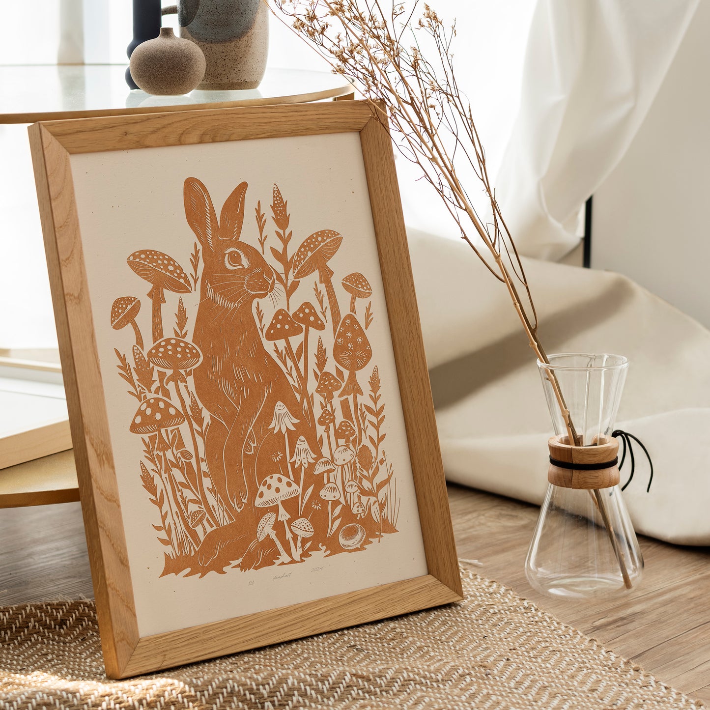 Living room wall art Nature lover gift Printable linocut Cottagecore decor Digital downloadable linogravure lino foraged poster art Relief texture Bedroom kids rooom prints Yellow ochre rabbit mushroom large plant wall art bunny new home