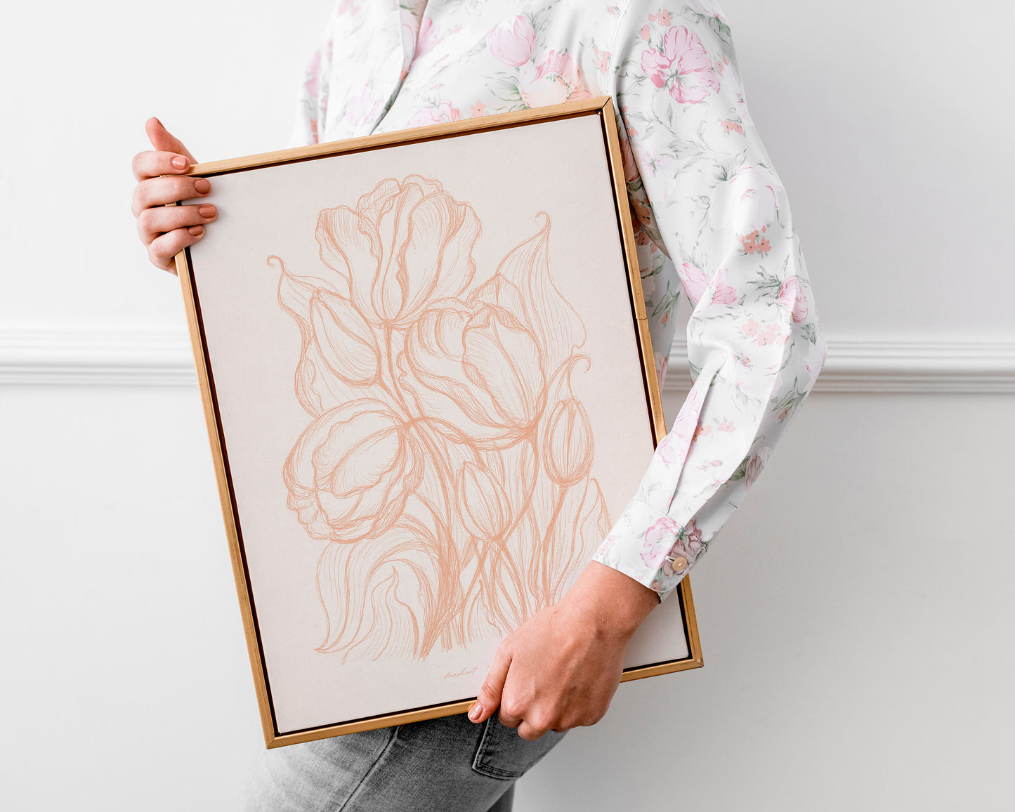 Spring peach fuzz wall art Hand drawn tulips flower sketch Line floral large botanical poster Printable neutral prints for Bedroom decor digital instant download Living room Home workspace large new first housewarming gift