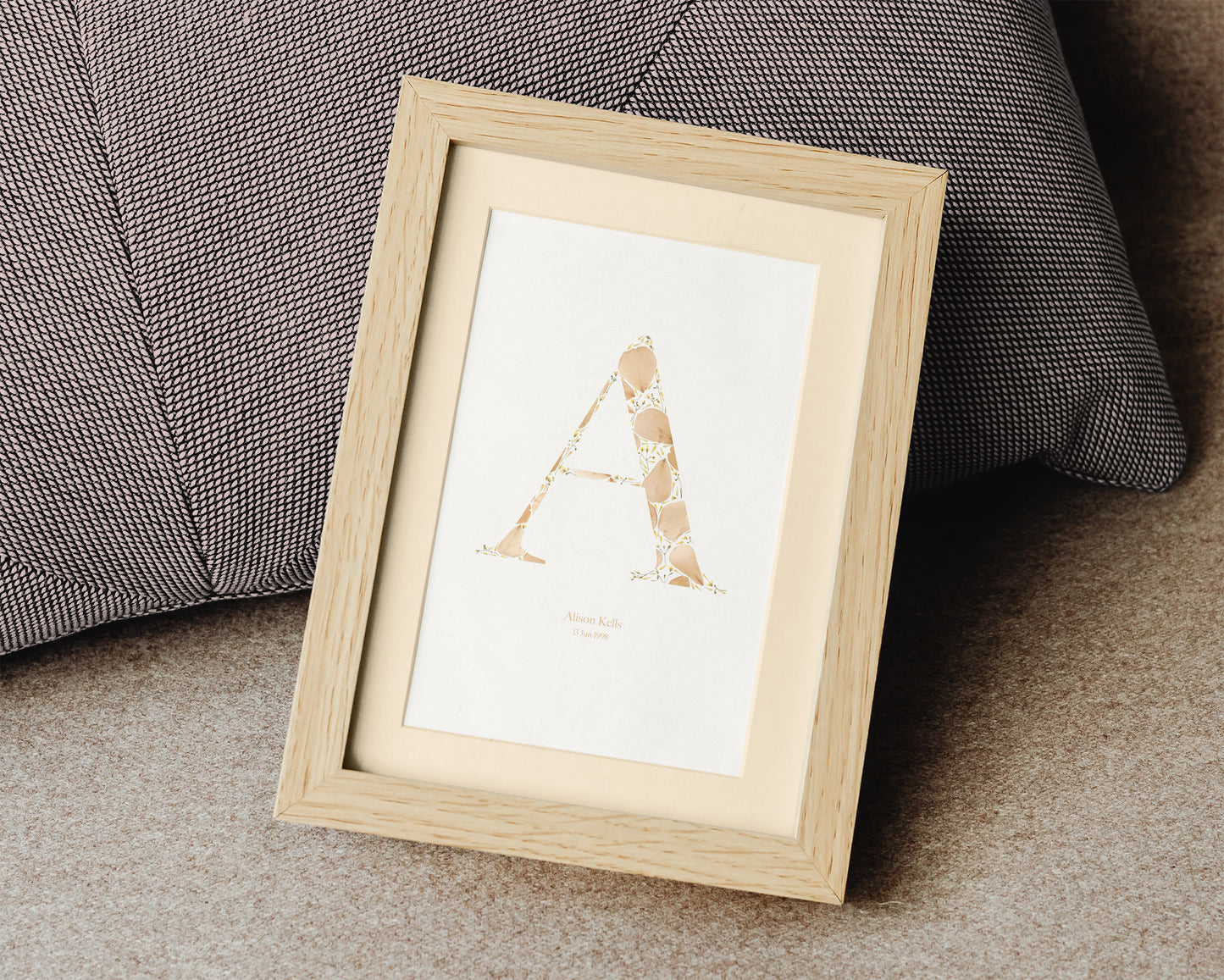 Beige personalized name letter prints Pressed wildflower and roses petals poster