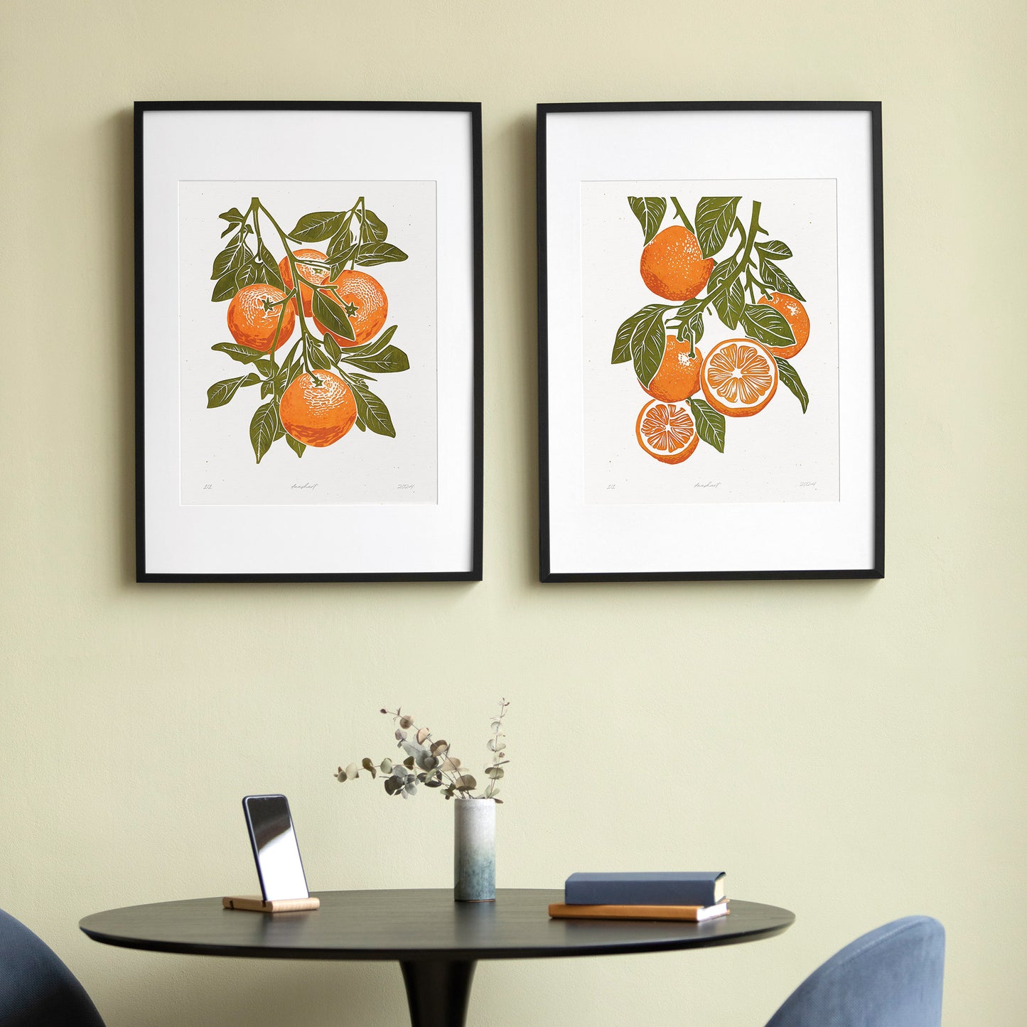 Living room wall art Nature lover gift Printable linocut fruit prints lino Sage green oranges foraged texture Cottagecore decor Digital downloadable kitchen Bedroom Relief vintage print modern branch Gallery wall set of 2 poster large