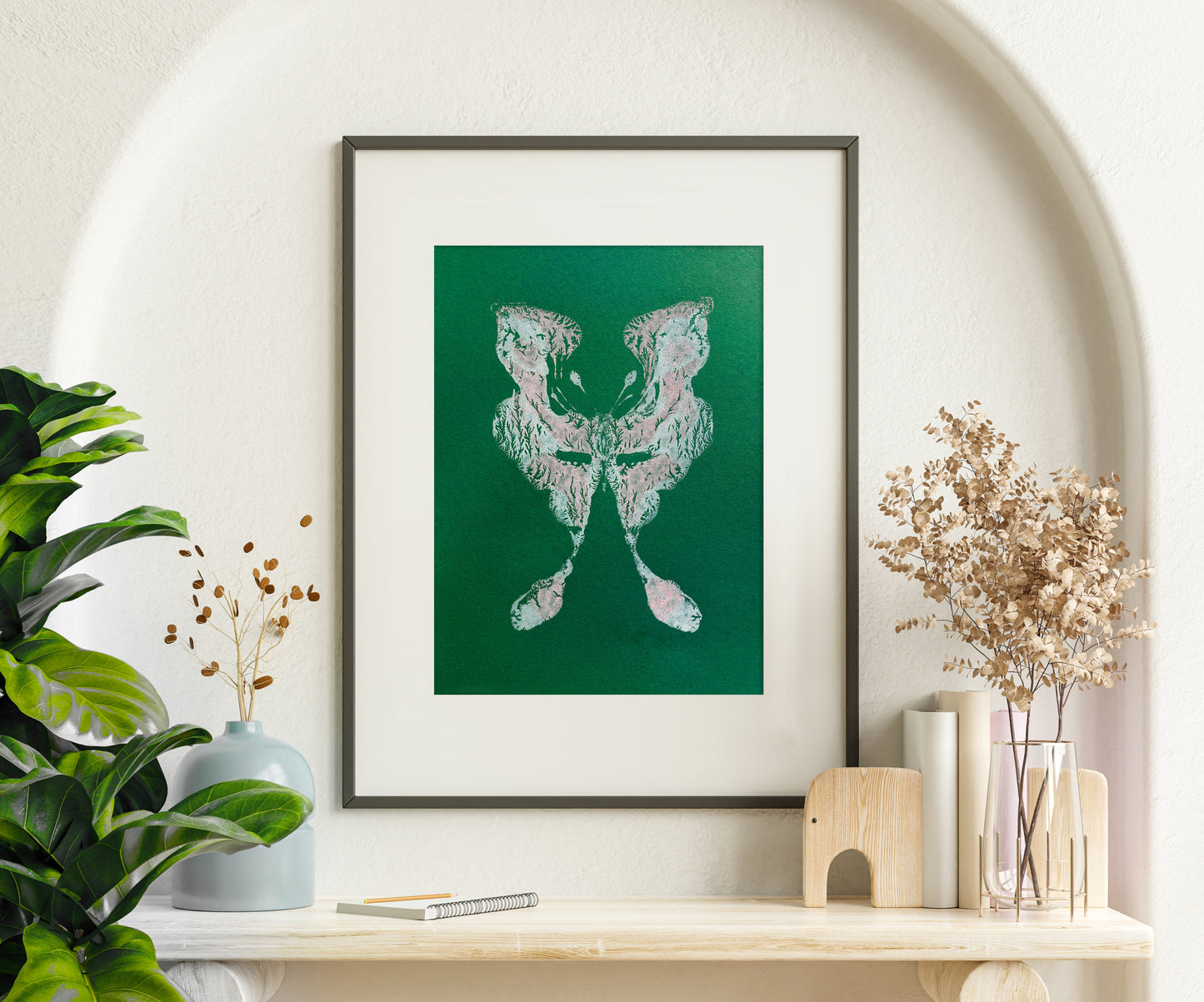 №1 - Emerald green Pink and white abstract moth Monotype print for Nature lover gift UNFRAMED butterfly wall decor modern Living room or bedroom decor Original artwork