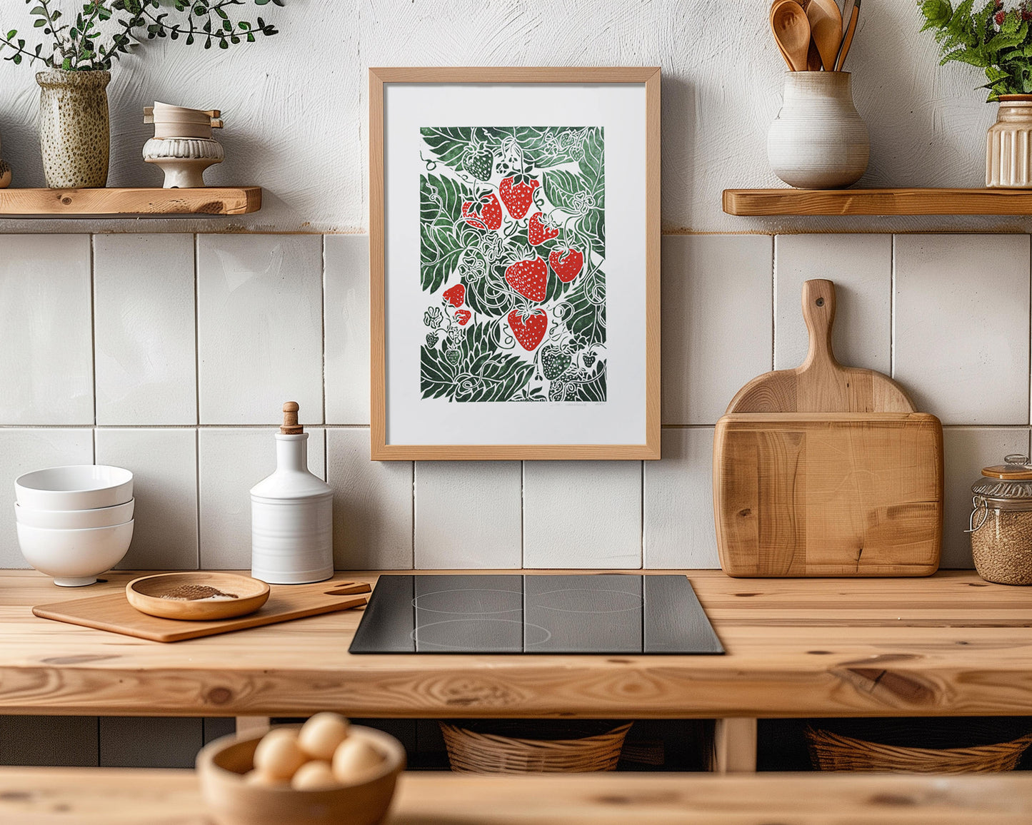Linocut print Linogravure lino Botanical block original artwork Relief printmaking linoleum wall art Farmhouse lover gift Bedroom dining decor Modern kitchen art cottagecore decor Berry Strawberries strawberry nature first home gift farm