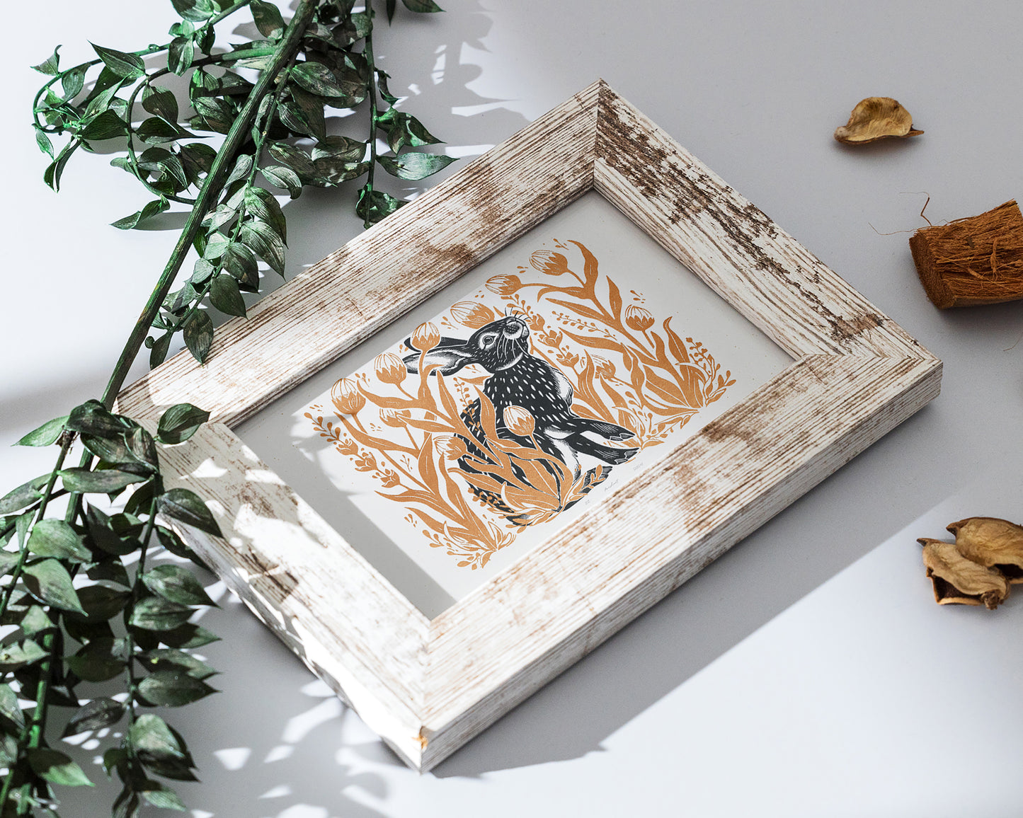 Printable linocut prints Bunny with wildflower and plant wall art Ochre black Relief texture Cottagecore decor Digital downloadable poster Hare rabbit Instant download Tulips floral flower Easter Bedroom Living room Kids Children Kitchen decor Foraged New home firs gift Housewarming wall art