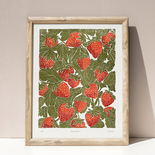 Sage green red berries «Sagren Strawberries N2» Printable linocut prints wall art poster  printable wall art, digital poster, digital download, digital product, downloadable art, large linocut prints, wall hanging, unique wall art, mid century modern, illustration art, farmhouse wall decor, botanical wall art, rustic wall art, nature wall art, cottagecore wall art cottage core, foraged wall art, fruit wall art, farm decor, relief textured, large wall art, moody wall art, trendy wall art, aesthetic wall art