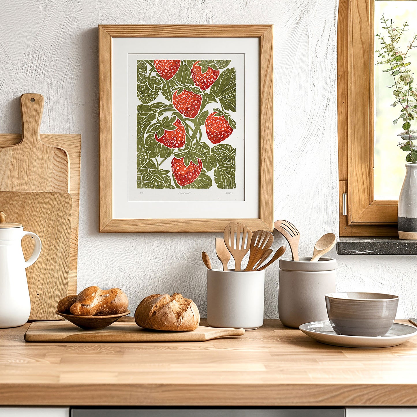 Sage green red berries «Sagren Strawberries N1» Printable linocut prints wall art poster printable wall art, digital poster, digital download, digital product, downloadable art, large linocut prints, wall hanging, unique wall art, mid century modern, illustration art, farmhouse wall decor, botanical wall art, rustic wall art, nature wall art, cottagecore wall art cottage core, foraged wall art, fruit wall art, farm decor, relief textured
