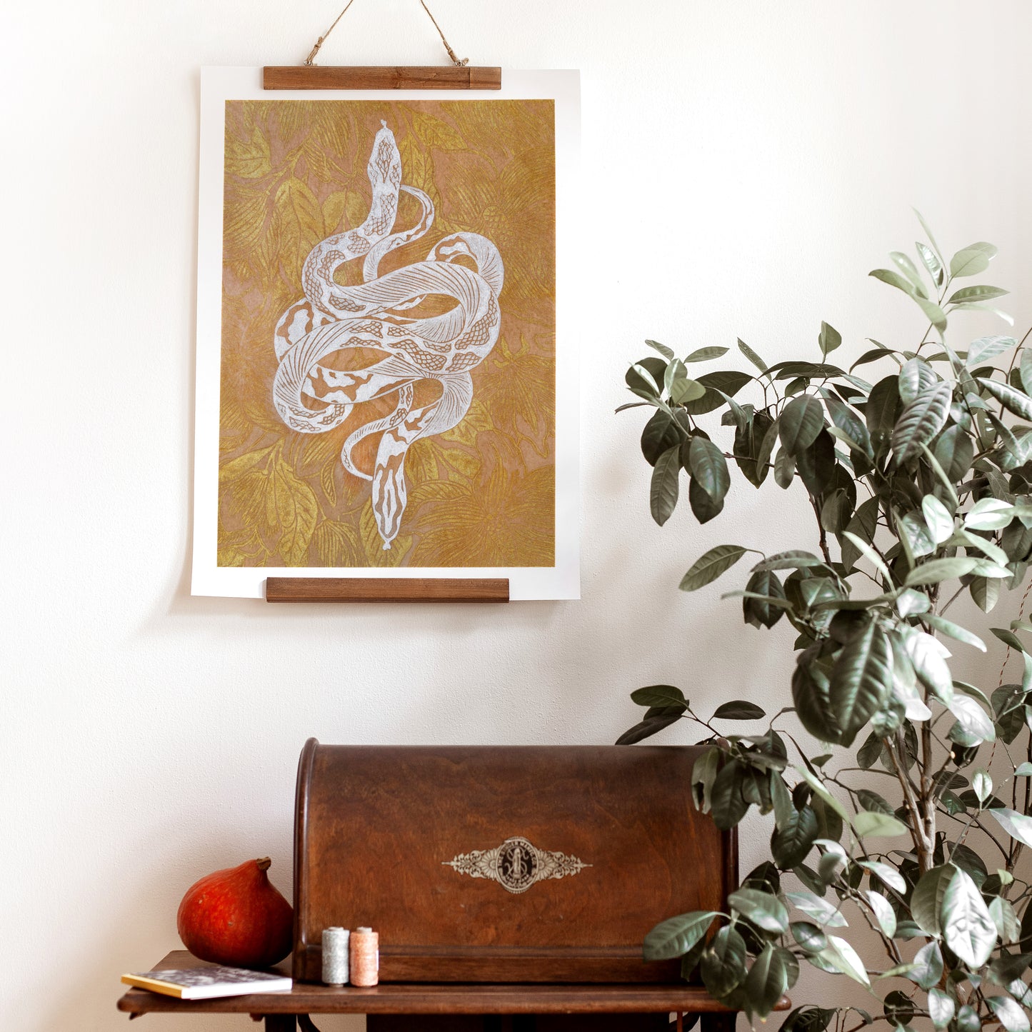 Printable linocut print White floral snake with gold magnolia flower Botanical autumn wall art poster Nature lover gift INSTANT DOWNLOAD, Living room wall art, Farmhouse decor, foraged wall decor, cottagecore wall art, autumn wall art, Boho snake poster