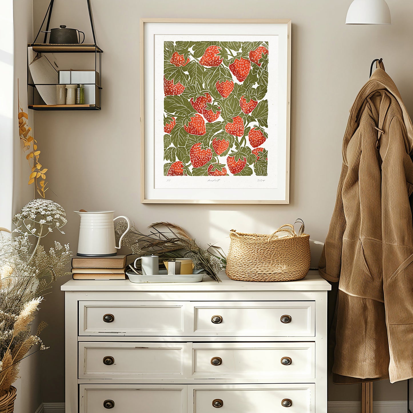 Sage green red berries «Sagren Strawberries N2» Printable linocut prints wall art poster host gift, aunt gift, godmother gift, godparent gift, godfather gift, mother in law gift, daughter in law gift, sister in law gift, niece gift from aunt, new grandma gift, mothers day gift from daughter, mothers day gift ideas, gift for best friend female, college graduation gift, gift for best friend female, nurse gift, retirement gift, teacher retirement gift