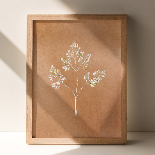 farmhouse wall decor modern kitchen parsley plant monotype print original artwork printmaking rustic fall dining room decor gift to say thanks one of a kind monoprint hostess mother christmas beige acrylic mocha mousse color leaf fall botanical gift for her grandmother cottagecore autumn relief entryway thanksgiving minimalist nature lover new home thankful to say thanks texture farm thanksgiving table entryway xmas seasonal mother thoughtful foraged self sister mom mother godmother wife woman