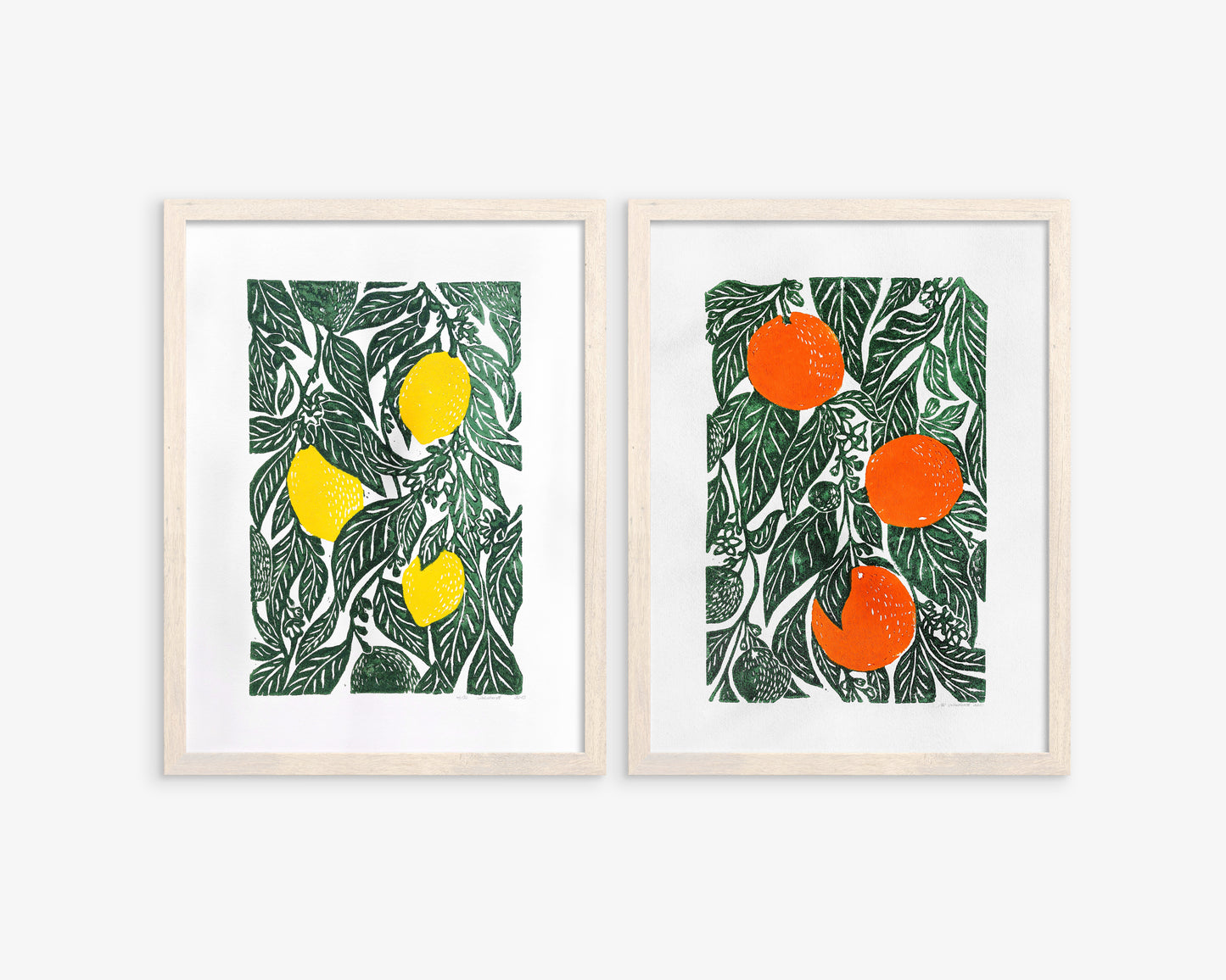 Gallery wall set of 2 linocut print Oranges and lemon botanical fruit and plant for modern kitchen wall art or Nature lover gift UNFRAMED / handmade art, relief print, original artwork, printmaking, oil ink, lino print, linogravure, fruit wall decor, living room, dining room, farmhouse gift, farm kitchen art, nature lover gift, new home gift, gallery wall set of 2 prints