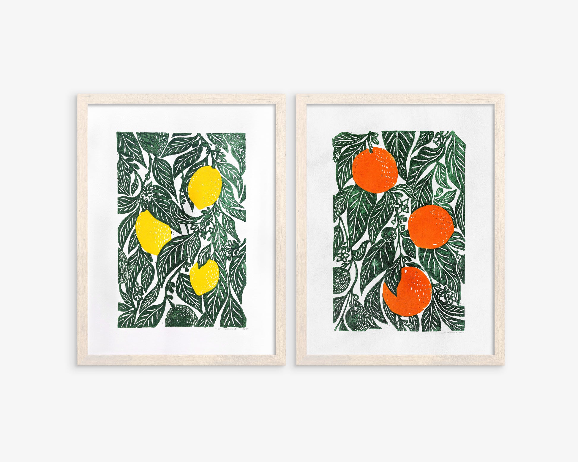 Gallery wall set of 2 linocut print Oranges and lemon botanical fruit and plant for modern kitchen wall art or Nature lover gift UNFRAMED / handmade art, relief print, original artwork, printmaking, oil ink, lino print, linogravure, fruit wall decor, living room, dining room, farmhouse gift, farm kitchen art, nature lover gift, new home gift, gallery wall set of 2 prints