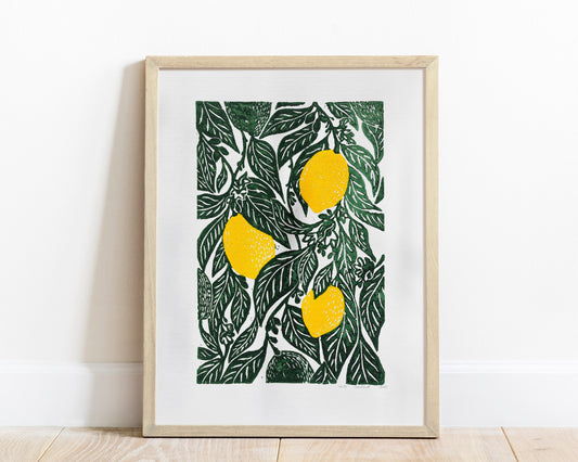 Original linocut print artwork Lemon print Botanical illustration Fruit kitchen wall art and decor