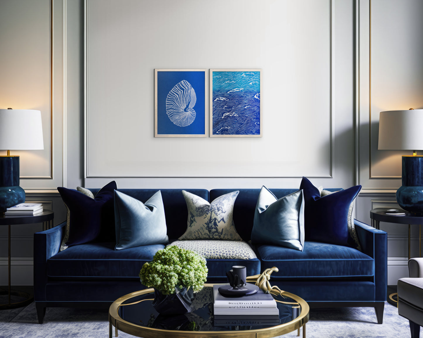 Gallery wall set of 2 Linocut print Blue ocean waves and sea shell wall art 12x16 for Nature lovers gift UNFRAMED / lino print / linogravure / original artwork / printmaking / hampton style / costal wall art / nautical wall art for bedroom, living room, bathroom / classical wall art