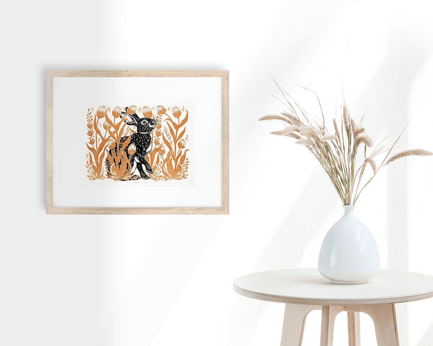 Printable linocut prints Bunny with wildflower and plant wall art Ochre black Relief texture Cottagecore decor Digital downloadable poster Hare rabbit Instant download Tulips floral flower Easter Bedroom Living room Kids Children Kitchen decor Foraged New home firs gift Housewarming wall art