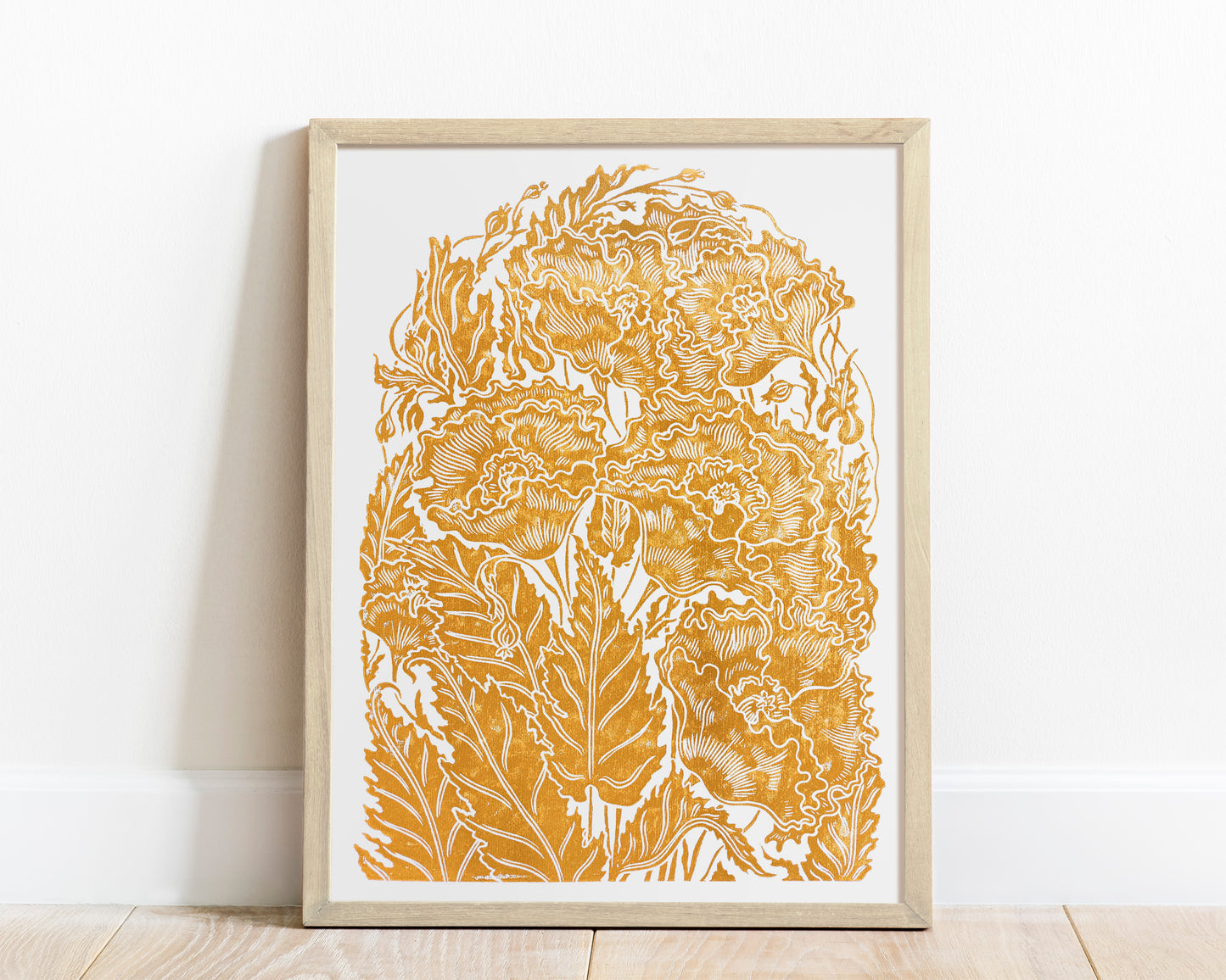 Ochre poppies flower Linocut print for Nature lover gift UNFRAMED Housewarming gift Nature lover gift New home gift Kitchen wall decor Living room bedroom decor 12x16 Original artwork