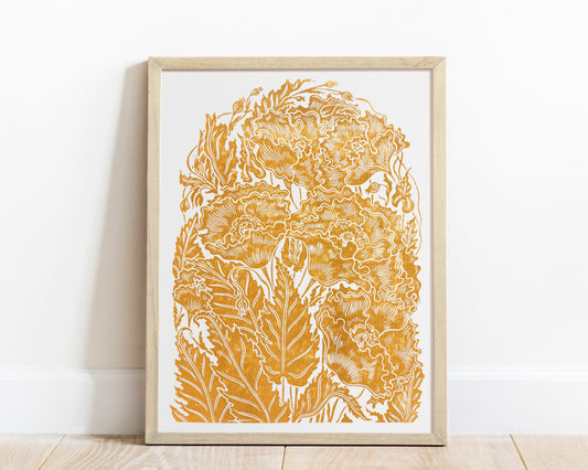 Ochre poppies flower Linocut print for Nature lover gift UNFRAMED Housewarming gift Nature lover gift New home gift Kitchen wall decor Living room bedroom decor 12x16 Original artwork