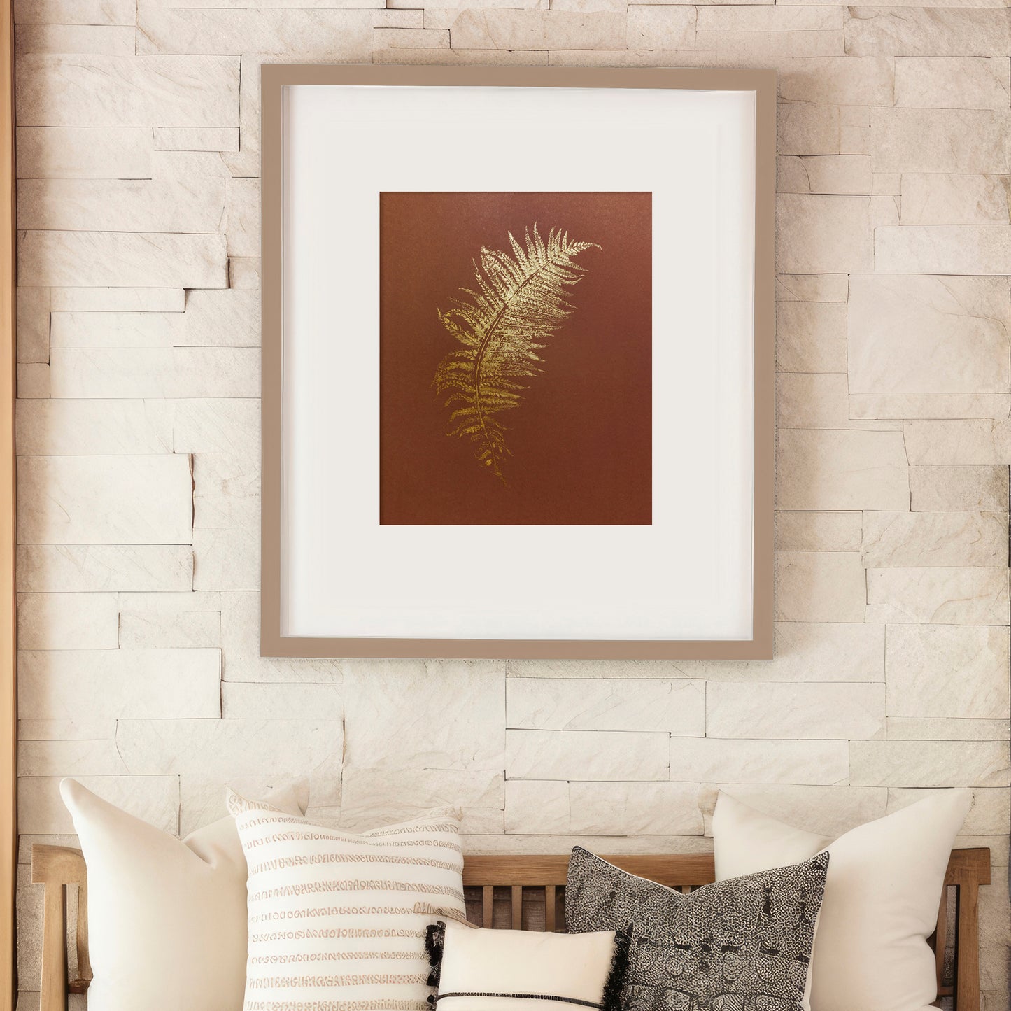 Monotype print Bedroom wall decor Living room wall art Nature lover gift Fern textured plant Original artwork Farm kitchen art Gold brown relief Foraged cottagecore printmaking nature First New home Leaf simple acrylic One of a kind large