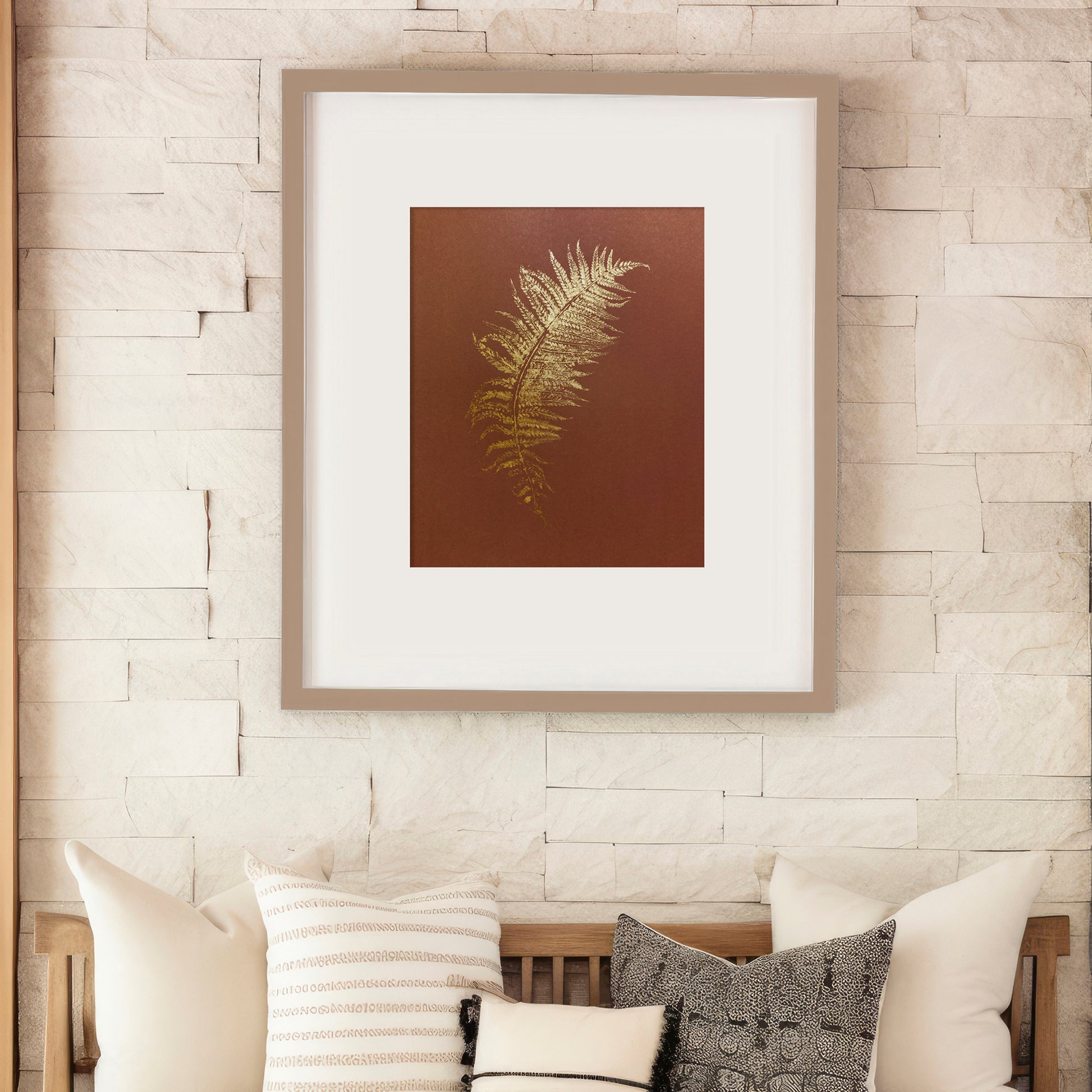 Monotype print Bedroom wall decor Living room wall art Nature lover gift Fern textured plant Original artwork Farm kitchen art Gold brown relief Foraged cottagecore printmaking nature First New home Leaf simple acrylic One of a kind large