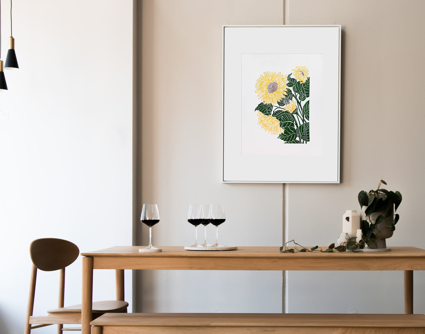 Yellow and green sunflowers Linocut print for Nature lover gift UNFRAMED Housewarming gift Nature lover gift New home gift Kitchen wall decor Living room bedroom decor 12x16 Original artwork
